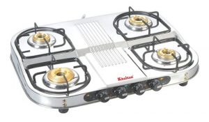 Khaitan Stainless Steel Silver Gas Stove 4 Burner Double Decker Manual Cooktop (with party cooking burner)