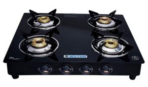 Milton Premium 4 Burner Glass Top (Black) LPG Stove with MS Frame & Brass Burners (ISI Certified)